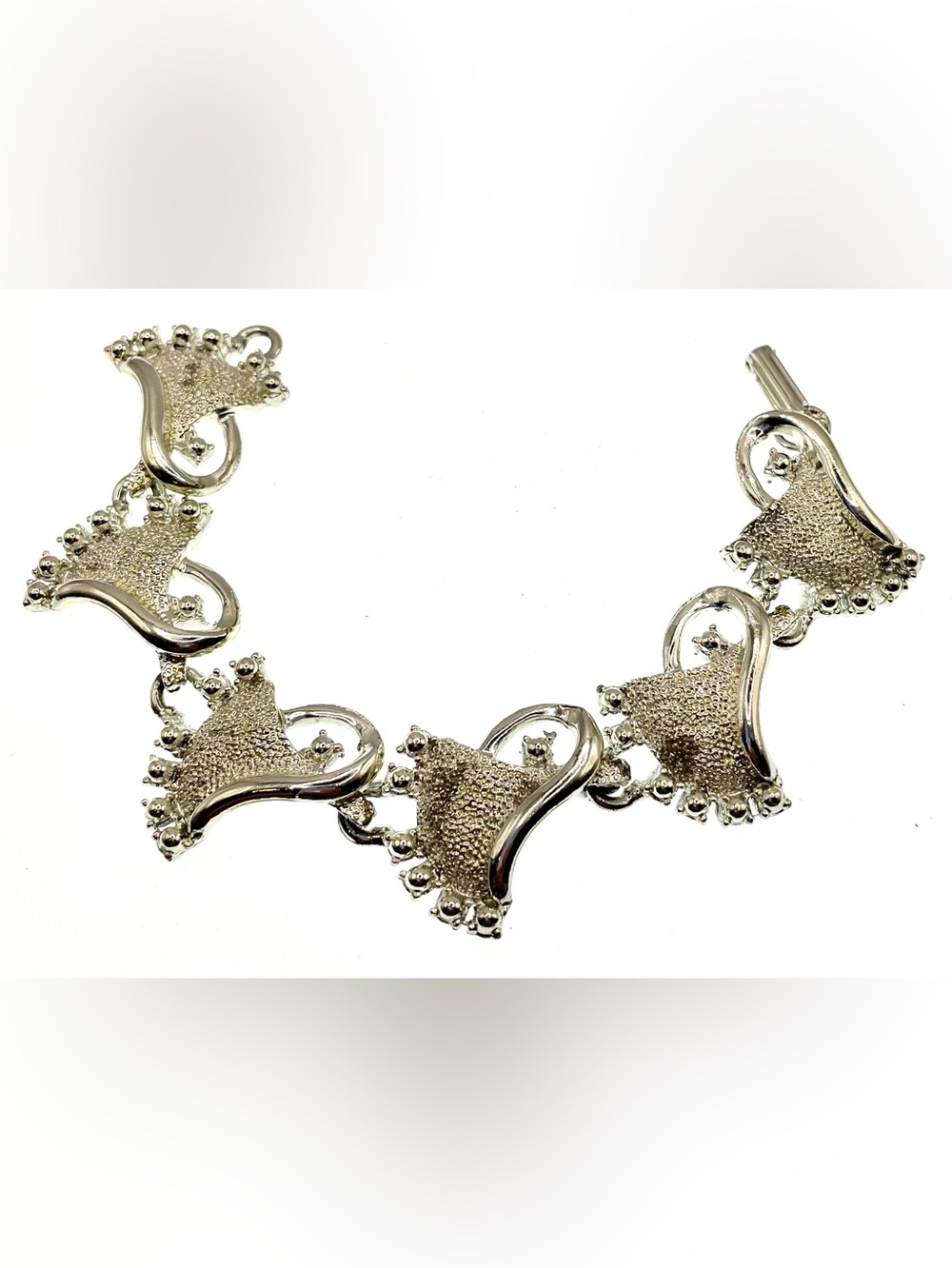 Vintage 1970s Sculptural Silver Tone Link Bracelet Textured Modernist 7.5”
